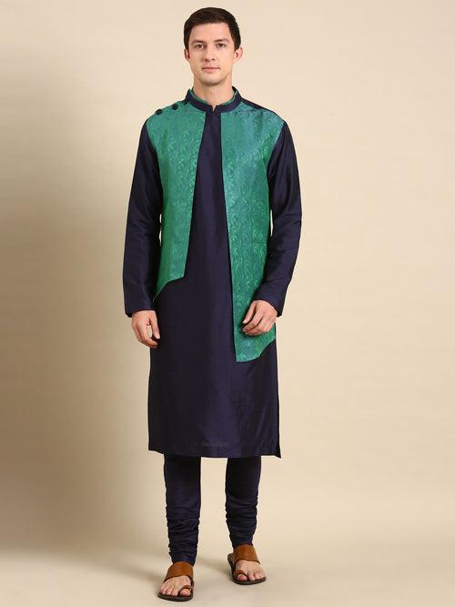 Green Blue Silk Jaquard Kurta Set - MMK0589