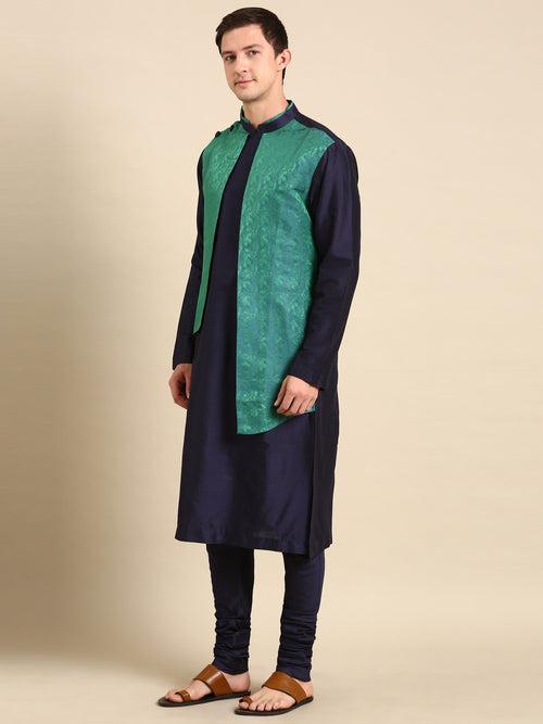 Green Blue Silk Jaquard Kurta Set - MMK0589