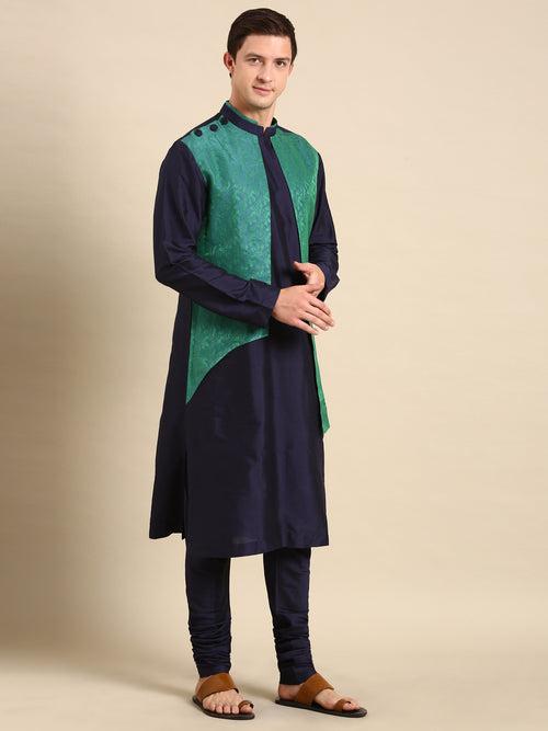 Green Blue Silk Jaquard Kurta Set - MMK0589