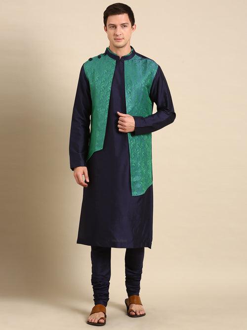 Green Blue Silk Jaquard Kurta Set - MMK0589