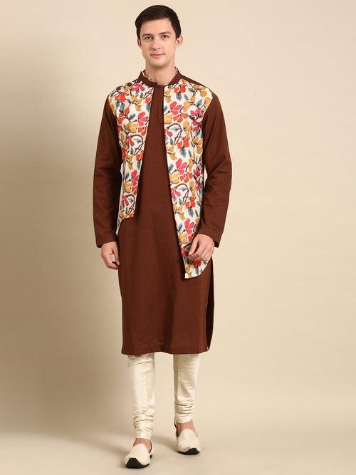 Brown Yellow Print Cotton Linen Kurta Set - MMK0590