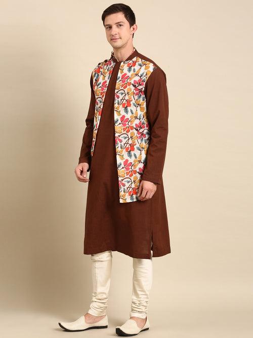 Brown Yellow Print Cotton Linen Kurta Set - MMK0590