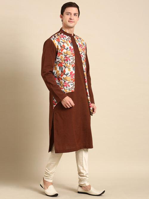 Brown Yellow Print Cotton Linen Kurta Set - MMK0590