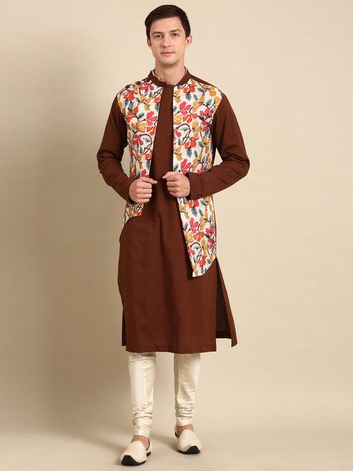 Brown Yellow Print Cotton Linen Kurta Set - MMK0590