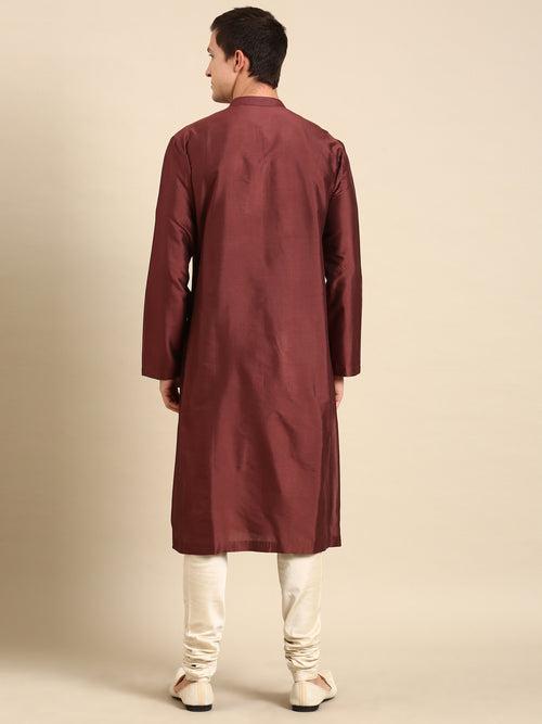 Brown/Cream Print Silk Cotton Kurta Set - MMK0593