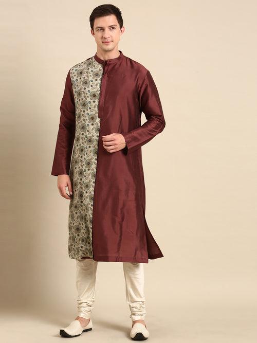 Brown/Cream Print Silk Cotton Kurta Set - MMK0593