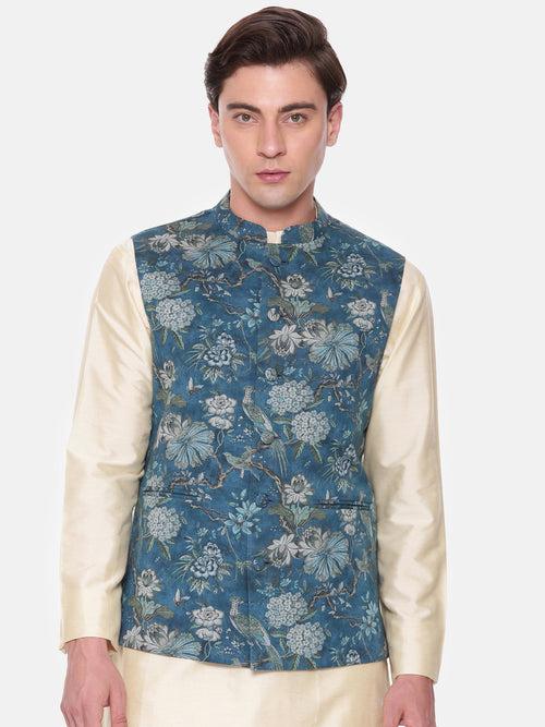 Blue Printed Mulmul Nehru Jacket - MMWC0215