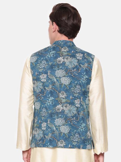 Blue Printed Mulmul Nehru Jacket - MMWC0215