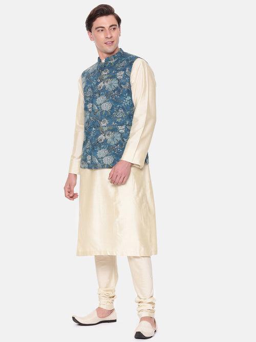 Blue Printed Mulmul Nehru Jacket - MMWC0215