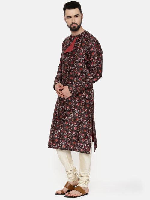 Linen Bemberg Brown Printed Kurta Set - MMK0524