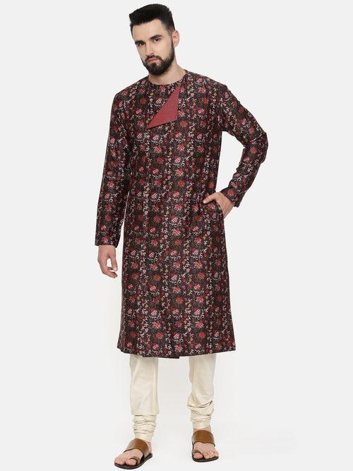 Linen Bemberg Brown Printed Kurta Set - MMK0524