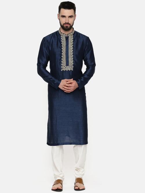 Blue Embroidered Silk Kurta - MMK0526