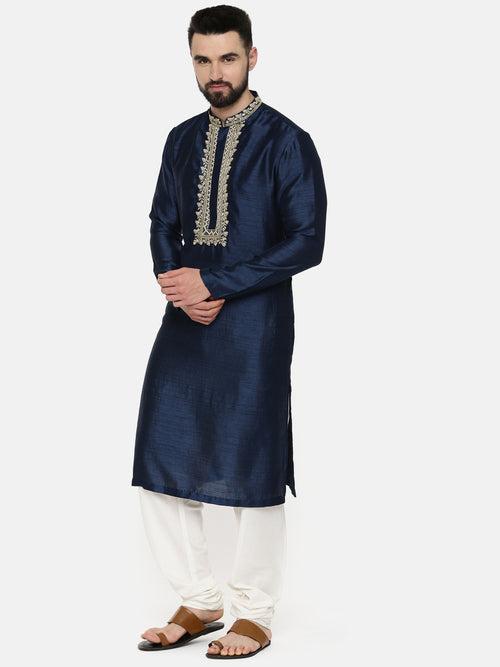 Blue Embroidered Silk Kurta - MMK0526