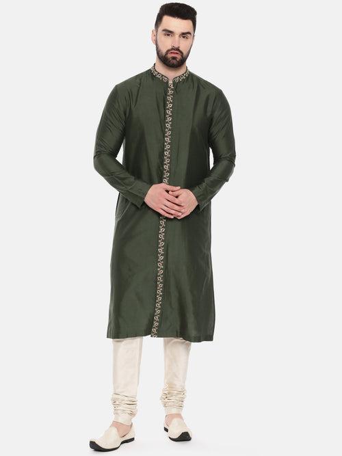 Green Silk Embroidered Kurta Set - MMK0554