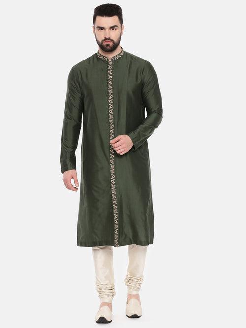 Green Silk Embroidered Kurta Set - MMK0554