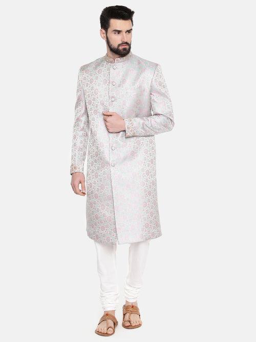 Silver Pink Banares Silk Jaquard Sherwani - MMSHR042