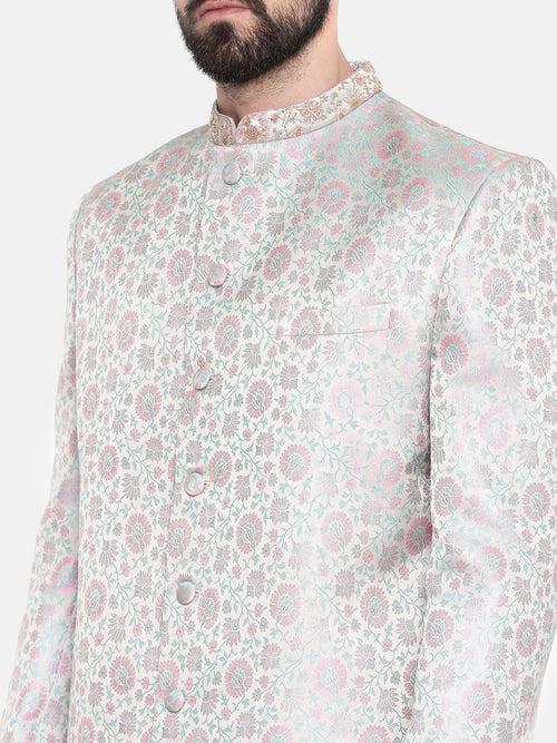 Silver Pink Banares Silk Jaquard Sherwani - MMSHR042