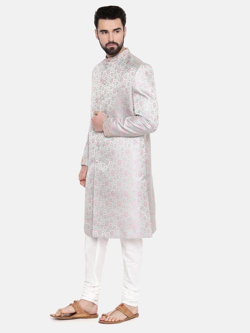 Silver Pink Banares Silk Jaquard Sherwani - MMSHR042