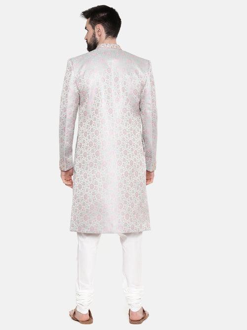 Silver Pink Banares Silk Jaquard Sherwani - MMSHR042