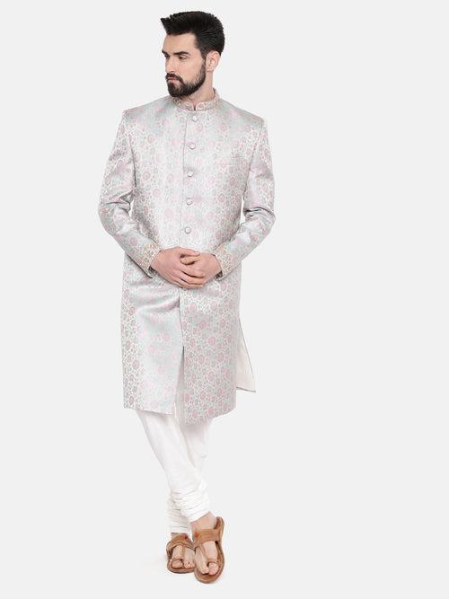 Silver Pink Banares Silk Jaquard Sherwani - MMSHR042