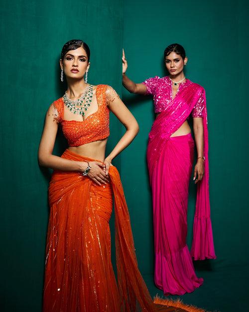 Reba drape saree with blouse - Fuchsia pink