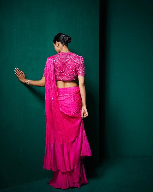 Reba drape saree with blouse - Fuchsia pink