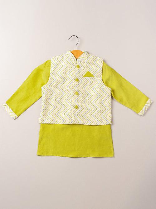 Lime Green Satin Linen Kurta & Chevron Bandi Set with Pajama