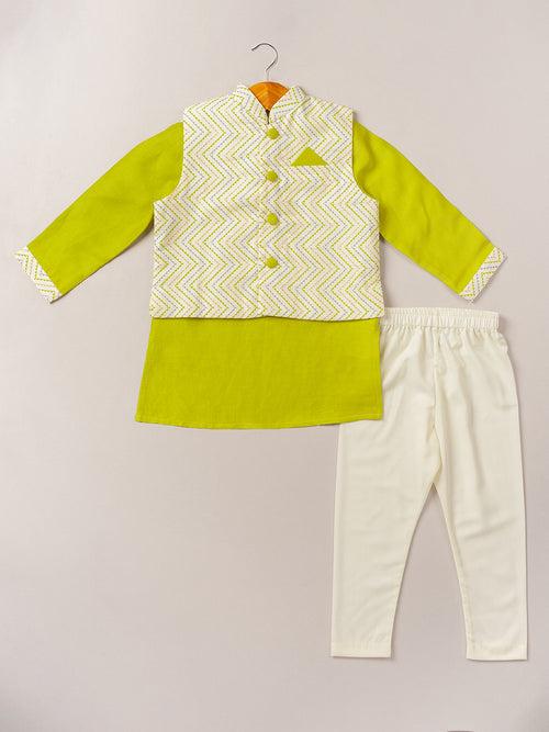 Lime Green Satin Linen Kurta & Chevron Bandi Set with Pajama