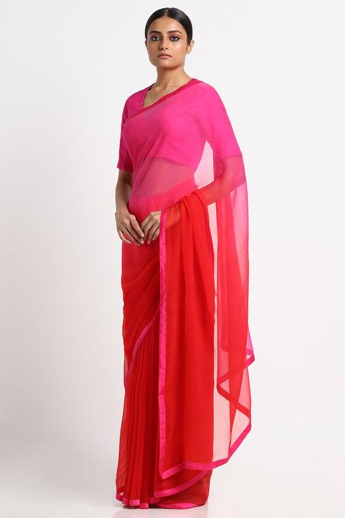 Pink Red Chiffon Ombre Saree