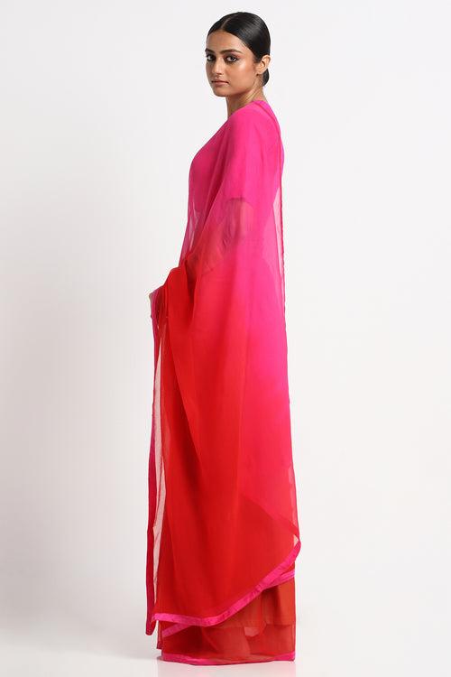 Pink Red Chiffon Ombre Saree