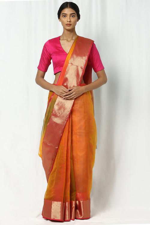 Red-Orange Silk Chanderi Ombre Saree