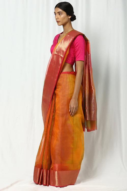 Red-Orange Silk Chanderi Ombre Saree