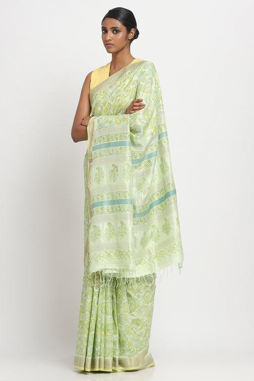 Light Green Printed Silk Cotton Saree