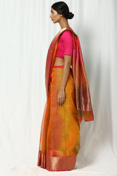 Red-Orange Silk Chanderi Ombre Saree