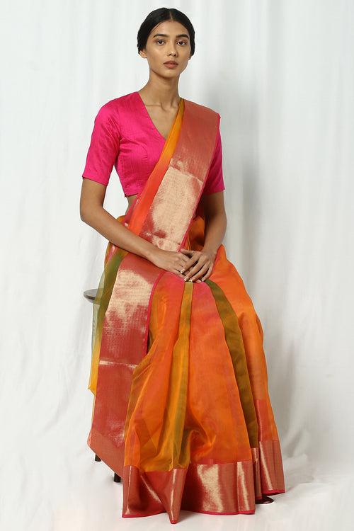 Red-Orange Silk Chanderi Ombre Saree