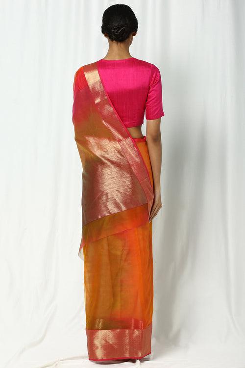 Red-Orange Silk Chanderi Ombre Saree