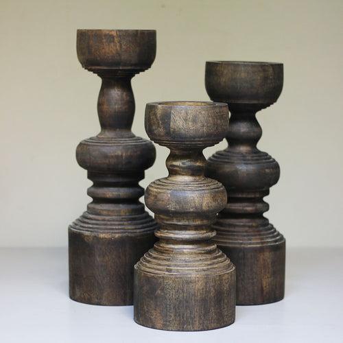 Antique Wood Pillar Candlestand Set of 3