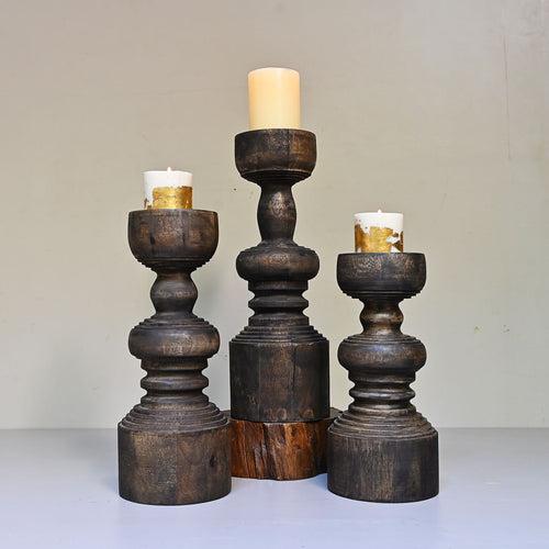 Antique Wood Pillar Candlestand Set of 3
