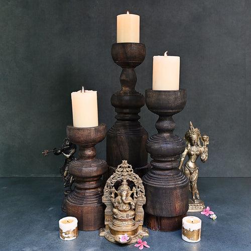 Antique Wood Pillar Candlestand Set of 3