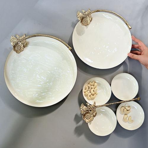 Round White Tray with Golden Flower