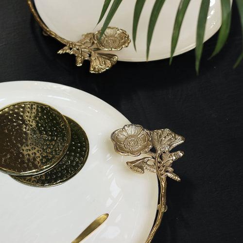 Round White Tray with Golden Flower