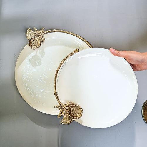 Round White Tray with Golden Flower