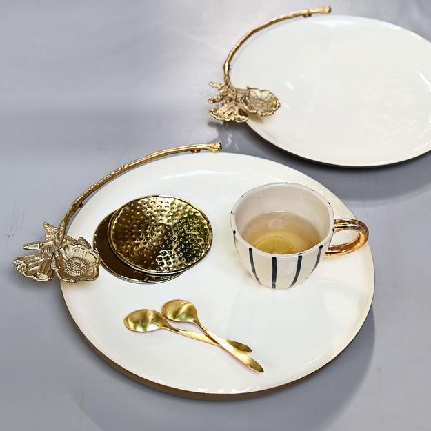 Round White Tray with Golden Flower