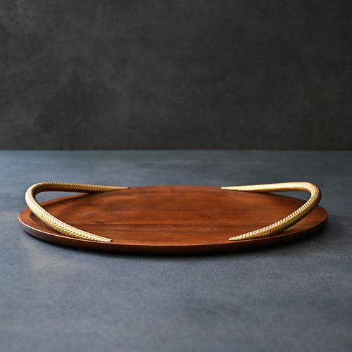 Large Wooden Tray with Golden Handles