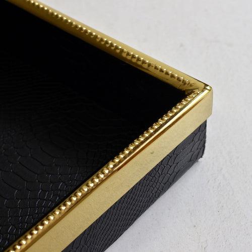 Black Faux Leather Tray With Gold Trimming
