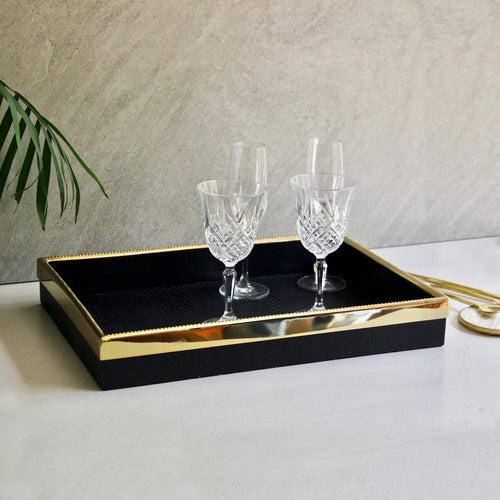 Black Faux Leather Tray With Gold Trimming