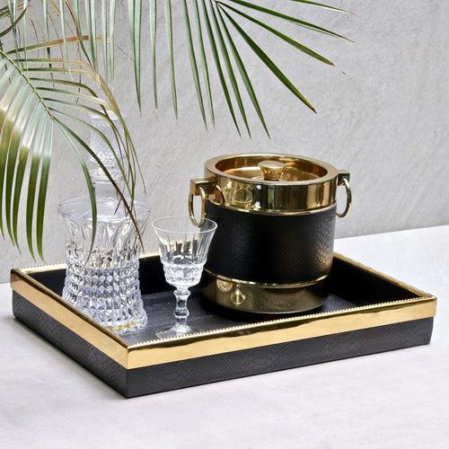 Black Faux Leather Tray With Gold Trimming