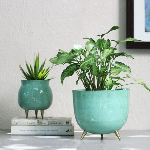 Light Blue Metal Planter With Legs