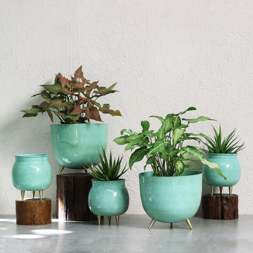 Light Blue Metal Planter With Legs