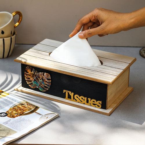 Metal Leaf Wooden Tissue Box